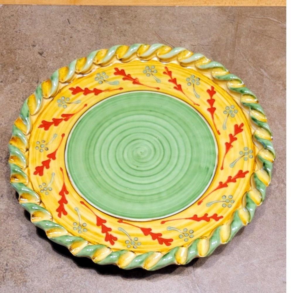 Mougins France Handmade Ceramic Wall Plate 12" Hand Painted Yellow Green Floral